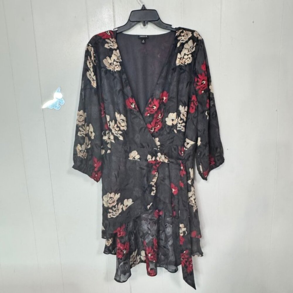 Torrid Wrap Blouse Womens 2X Slate Gray Floral  High Low Hem Tie Waist Party